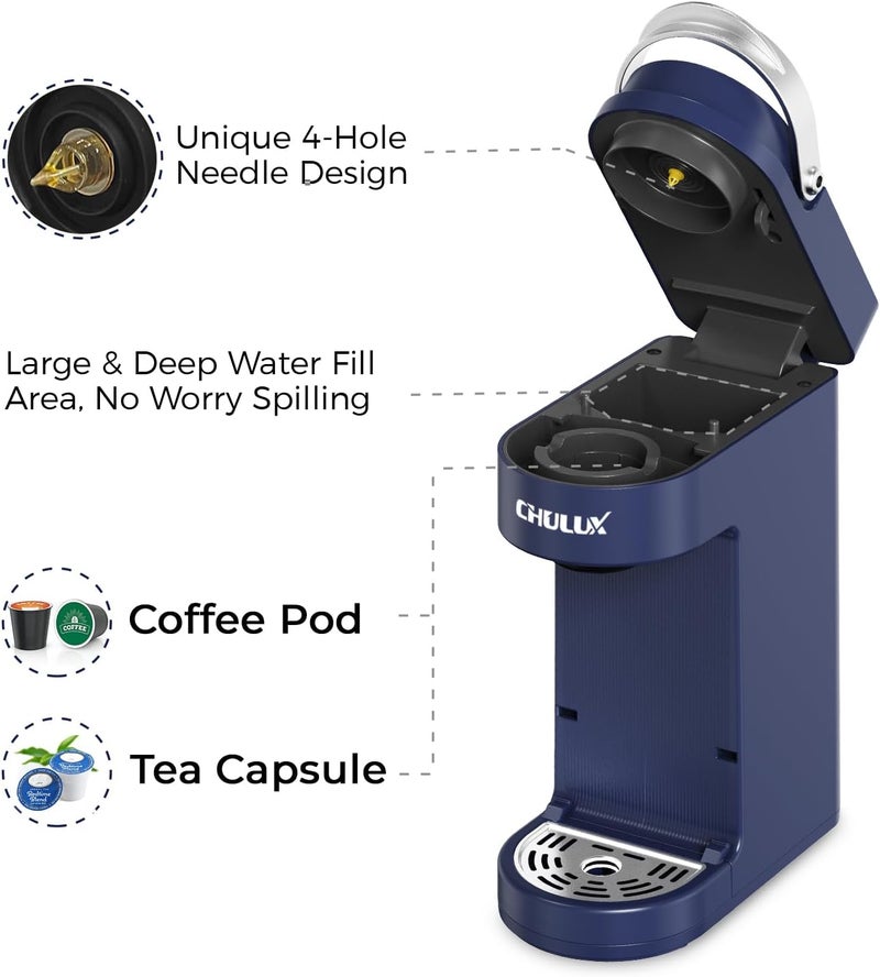 CHULUX Slim Single Serve Coffee Maker for K Pods, One Cup Coffee Maker Fits 7.3" Travel Mugs, Coffee Machine with 6 to 12oz Brew Sizes, Navy Blue - Image 5